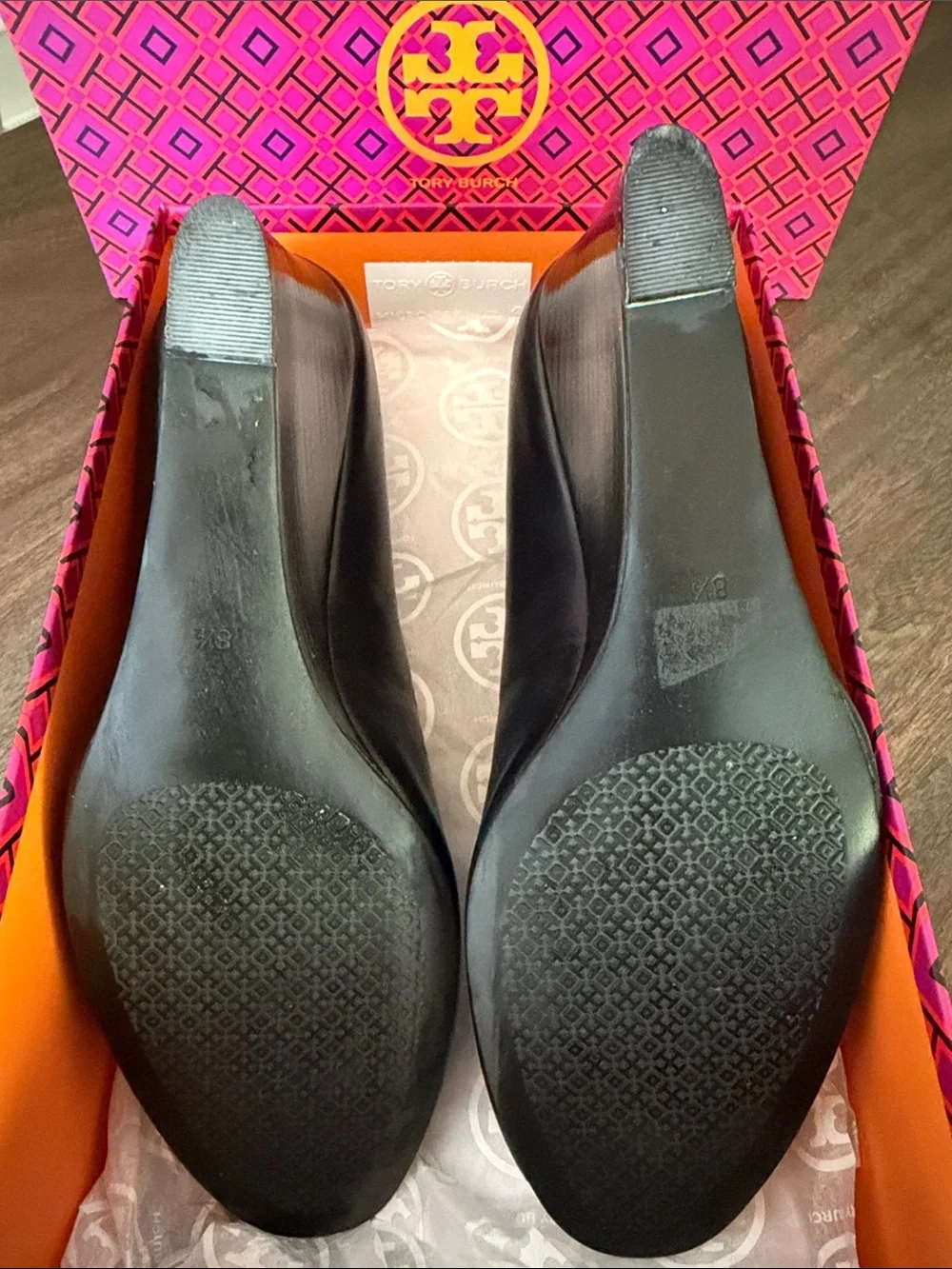 Tory Burch Black Leather Peep-Toe 85MM Wedge Heels with Gold Logo Medallion
